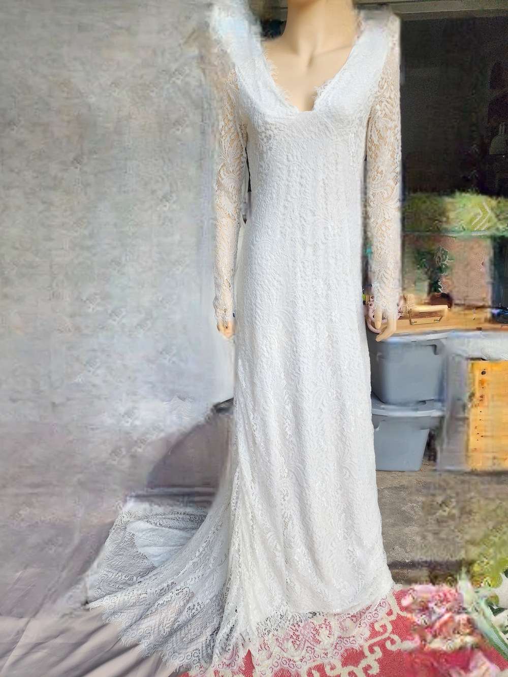 Elegant White Lace Long-Sleeve Maxi Dress W Train Wedding Beach Stretchy Light
